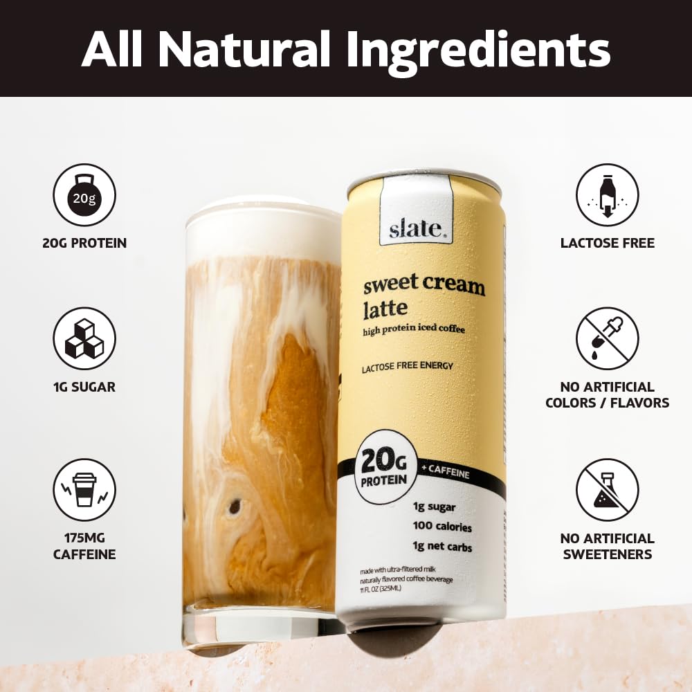Slate Milk - High Protein Iced Coffee - Sweet Cream Latte - 175Mg Caffeine, Lactose Free Energy - 20G Protein, 1G Sugar, 100 Calories, 1G Net Carbs, No Sugar Added - Protein Coffee - 11 Fl Oz, 12 Cans