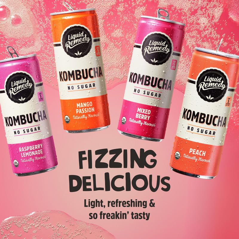 Liquid Remedy Kombucha Sugar Free Organic Drink, Low Calorie, Probiotic Like Tea For Gut Health - Super Sampler Variety Pack - 8