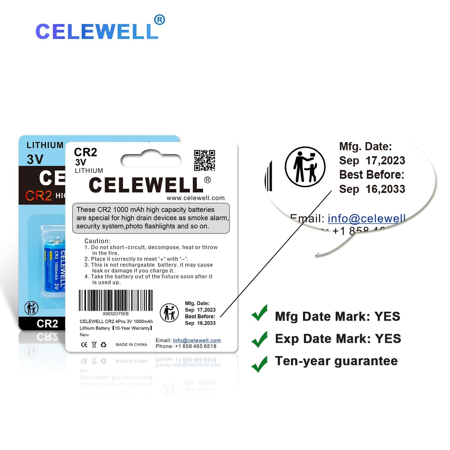 Celewell ?10-Year Warranty? 4Pcs Cr2 3V 1000Mah Lithium Battery
