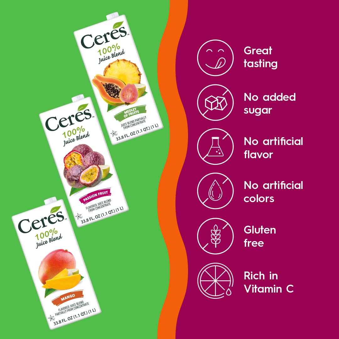 Ceres 100% All Natural Pure Fruit Juice Blend Variety Pack - Mango, Medley Of Fruits, & Passion Fruit - Rich In Vitamin C, No Ad