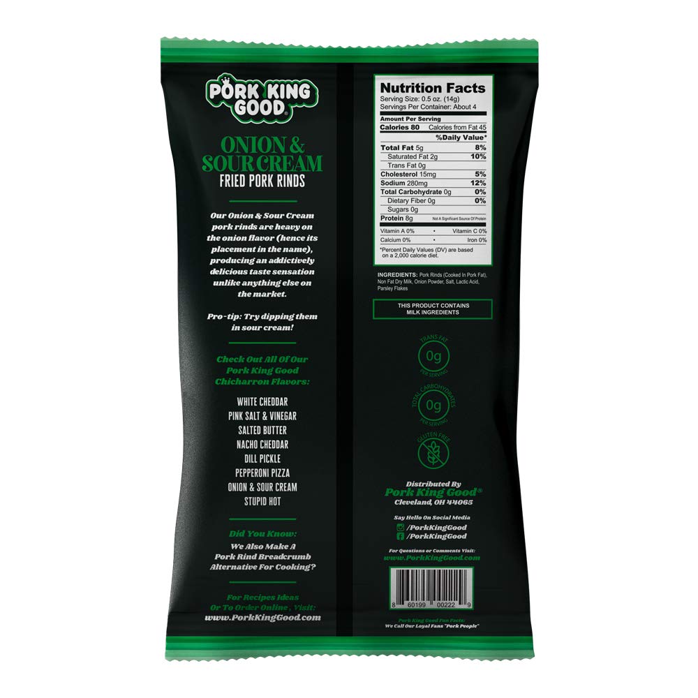 Pork King Good Pork Rinds (Chicharrones) (Variety 4 Pack: White Cheddar/Onion & Sour Cream)