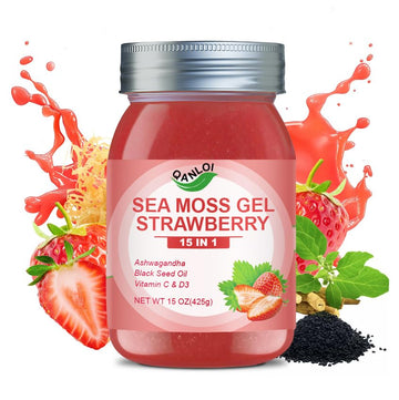 QANLOI 15OZ Strawberry Flavored Sea Moss Gel  15-in-1 Ingredient  Rich in Ashwagandha  Vitamins and Minerals  Promotes Metabolism & Improves Digestion