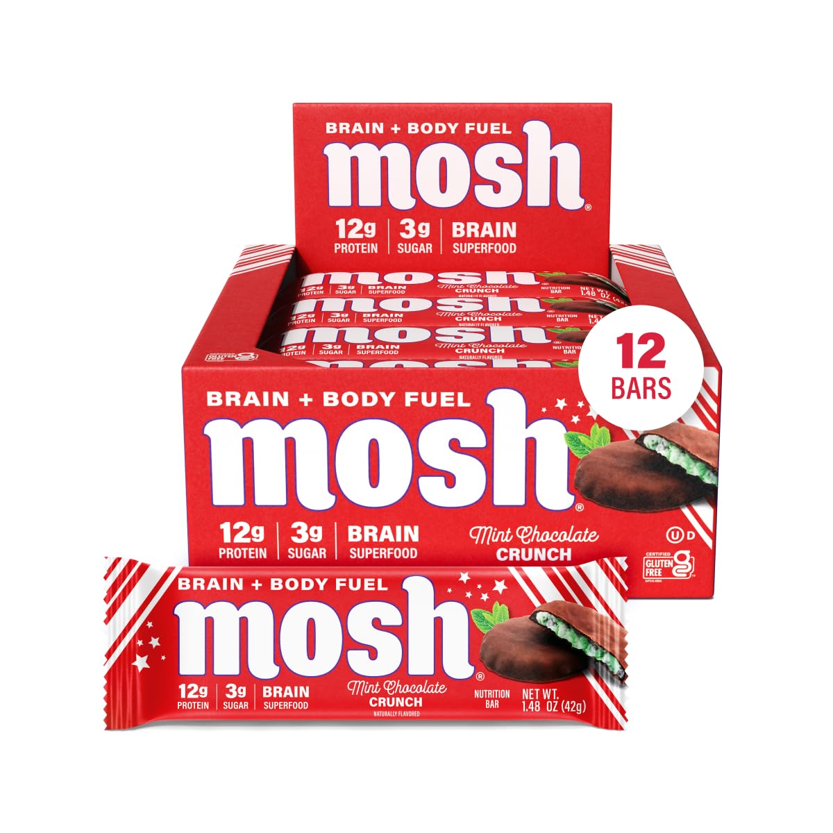 MOSH Mint Chocolate Crunch Keto Protein Bars  High Protein  Gluten Free  Brain Healthy Snack with Ashwagandha and Lions Mane  12 Count