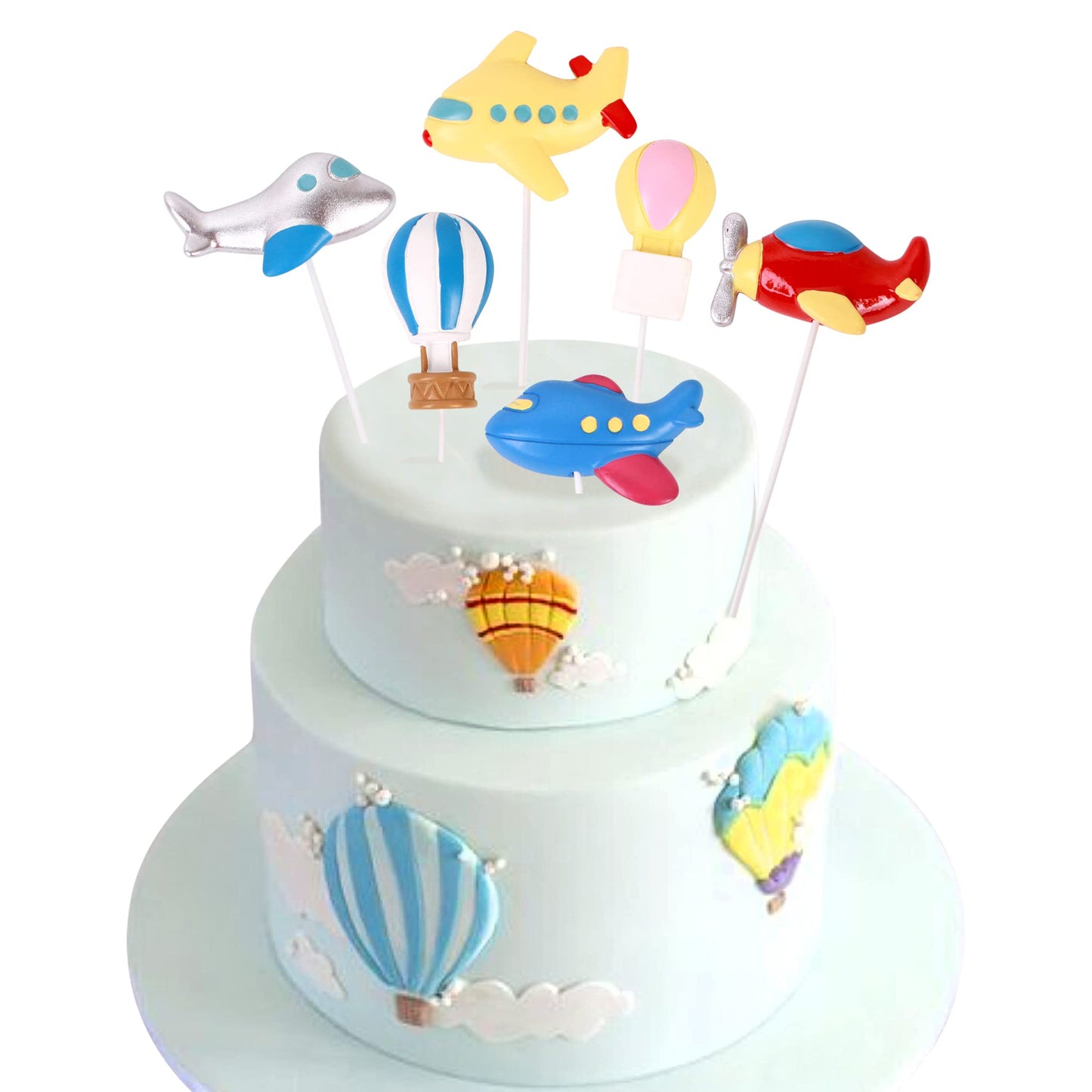 Ercadio 6 Pack Airplane Cake Toppers 2D Hot Air Balloons Cake Picks Baby Shower Boys Girls Birthday Party Cake Decorations Suppl