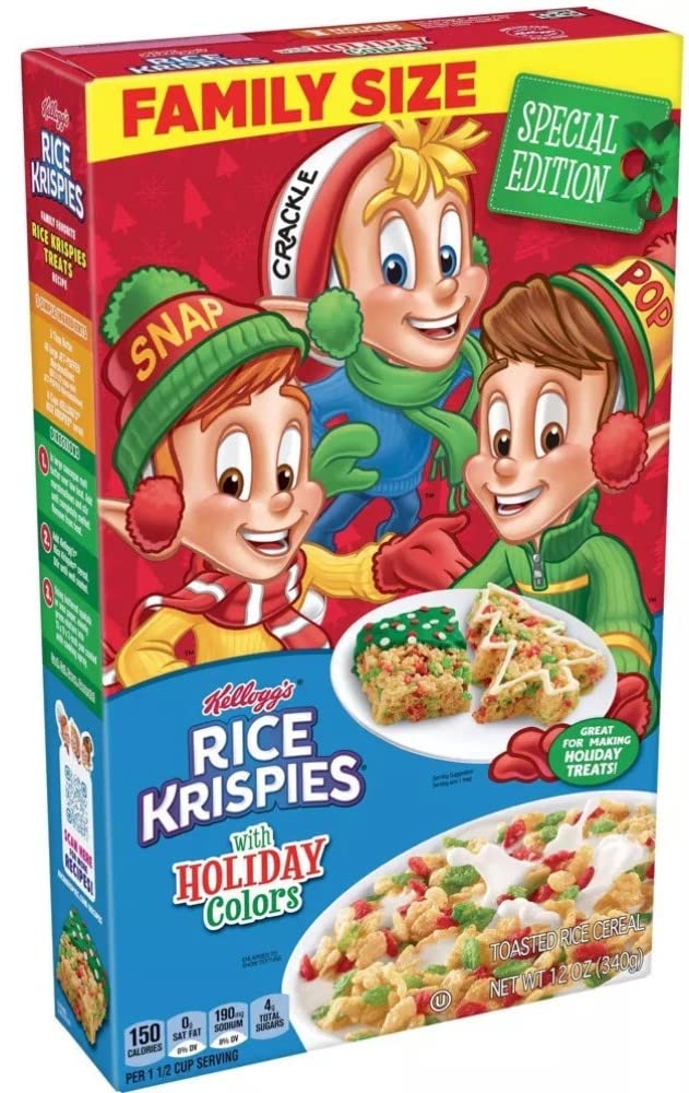 Rice Krispies Breakfast Cereal, Christmas Pack, Family Size, Original with Holiday Colors, 12oz Box (1 Box)