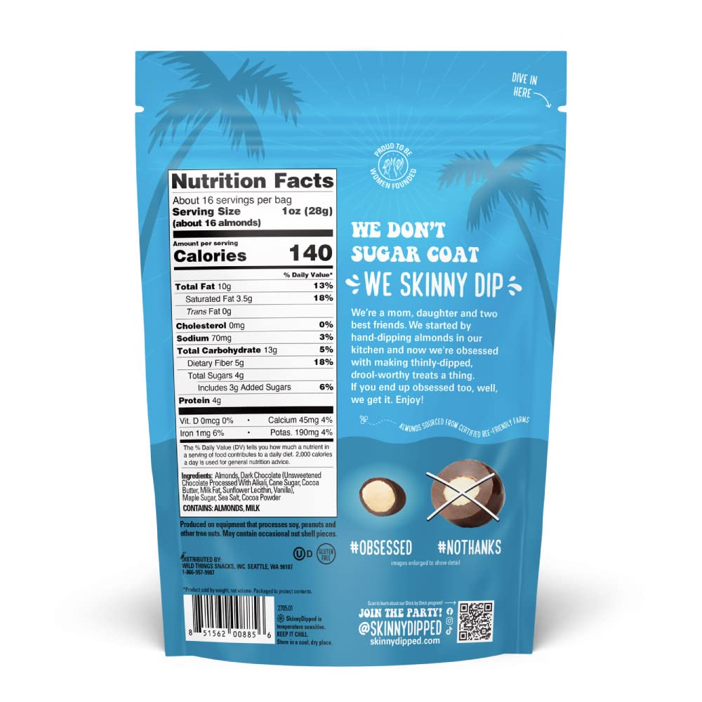 Skinnydipped Dark Chocolate Cocoa Almonds, Healthy Snack, Plant Protein, Gluten Free, 1Lb Resealable Bag, Pack Of 1