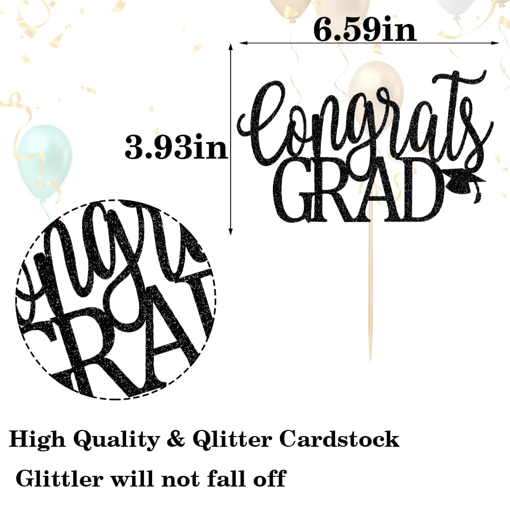 LVEUD Congrats Grad Cake Topper, Black Cardboard Graduation Decoration for 2025 Party