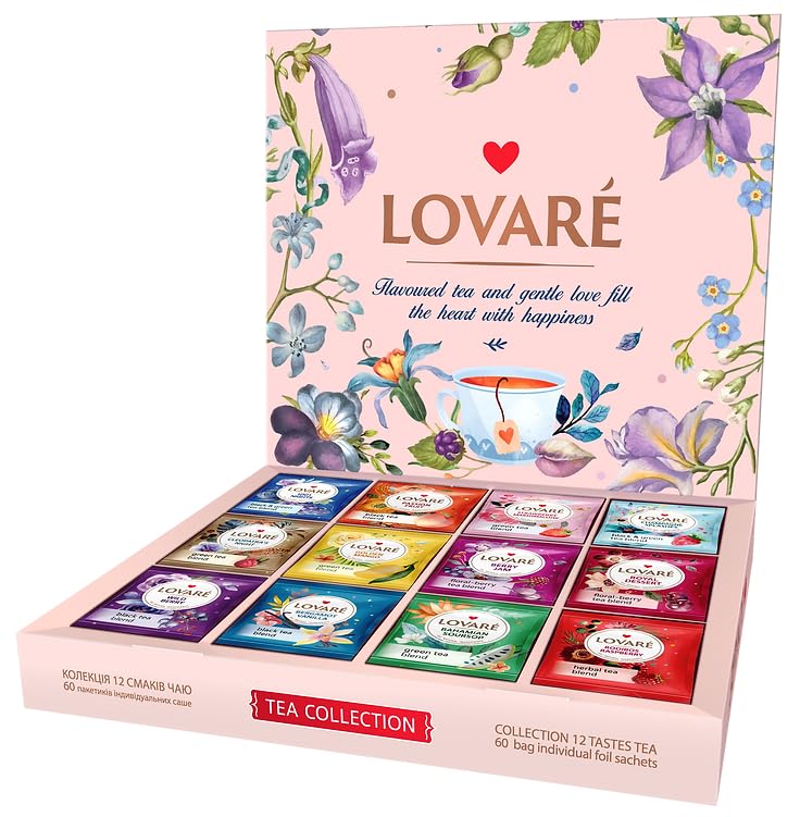 Lovare Tea Bags Variety Pack - Made In Ukraine - Black And Green, Floral Berry, Mixed Blend Assorted Collection - Tea Sampler - Gift Sets For Tea Lovers (60 Bags - 12 Tastes)