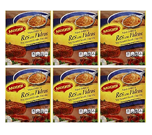 MAGGI Sopa Sabor a Res con Fideos 6 PACK 60 gr. c/u | Beef Flavored Noodle Soup Mix 6 PACK 2.11 oz. each.