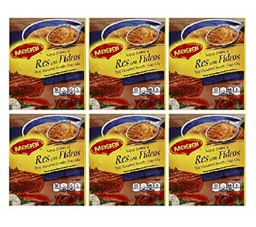 MAGGI Sopa Sabor a Res con Fideos 6 PACK 60 gr. c/u | Beef Flavored Noodle Soup Mix 6 PACK 2.11 oz. each.