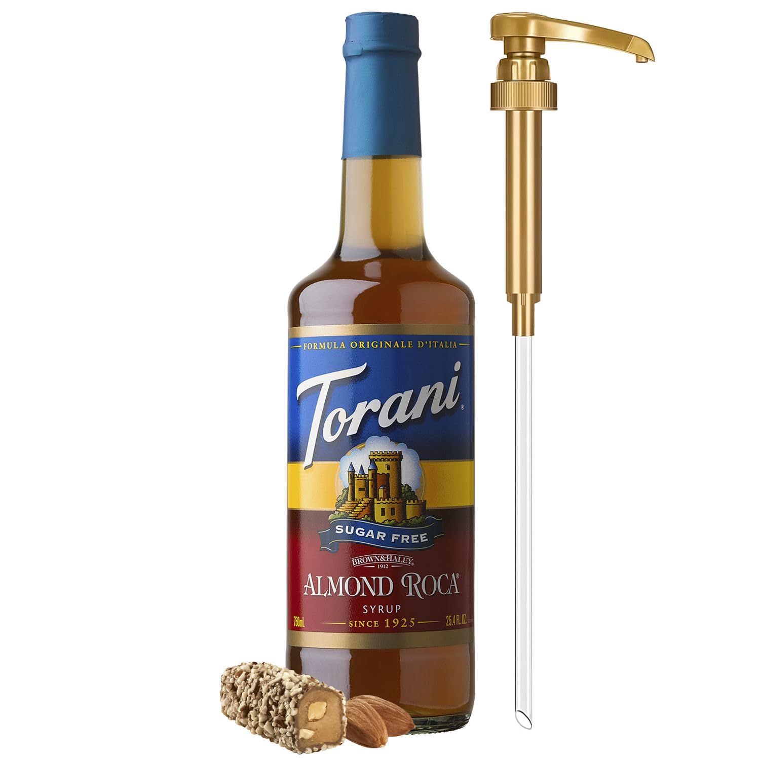 Torani Sugar Free Coffee Syrup, Almond Roca Flavoring for Drinks, Zero Calorie, Glass Bottle with Pump Included, 25.4 Fl Oz
