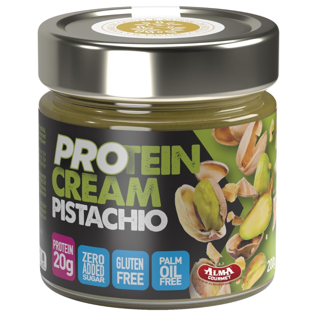 Alma Gourmet Italian Pistachio Protein Cream Spread - High Protein  Zero Added Sugar  Gluten Free - Smooth & Velvety Texture - Ideal For Breakfast  Snacks And Post-Workout - Nutty Flavor - 7.05Oz