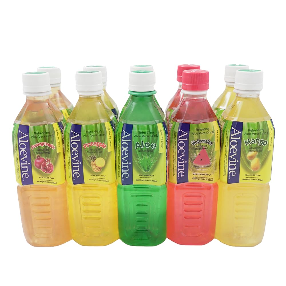 Aloevine Aloe Vera Drink Juice Variety Pack - 16.9 oz, 10 Pack (2 Original, 2 Watermelon, 2 Mango, 2 Pomegranate, 2 Pine