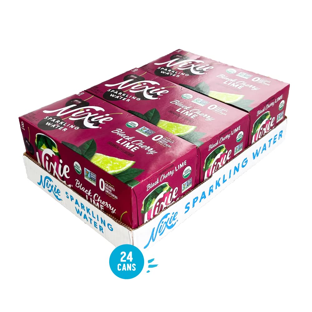 Nixie Sparkling Water, Black Cherry Lime | 12 Fl Oz Cans, 24 Pack | Organic, Vegan, Non-Gmo, Gluten Free, 0 Calories, 0 Sugar, 0
