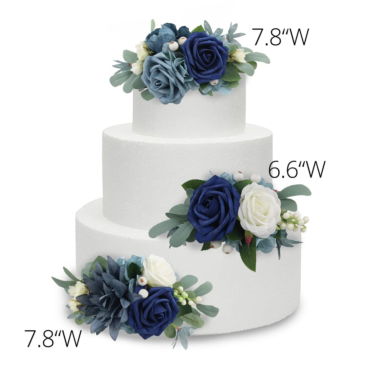 Rinlong 3Pcs Pre-Made Cake Toppers Navy Blue Flowers Cake Decorations Wedding Cake Decorating Flowers Decor Birthday Baptism Par