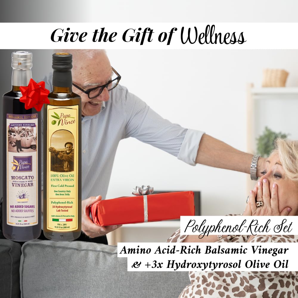 Papa Vince Extra Virgin Olive Oil & Balsamic Vinegar Set - 16.91 oz each, Aged 8 Years, First Cold Pressed, Made in Sicily, Italy