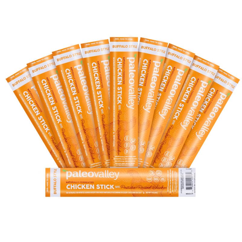 Paleovalley Pasture-Raised Chicken Sticks - 10 Pack - 7G Protein Per Stick - Keto-Friendly  Paleo  Gluten-Free  Nitrate-Free - On-The-Go Snack (10 Pack  Buffalo)
