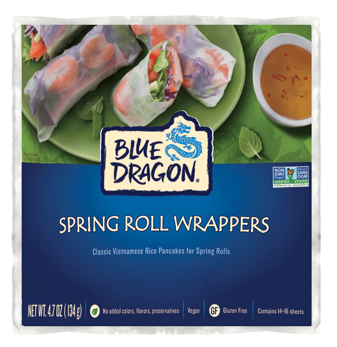 Blue Dragon Spring Roll Wrappers, Four simple authentic ingredients, Gluten free, Vegan friendly, NON-GMO, No preservatives, 4.7