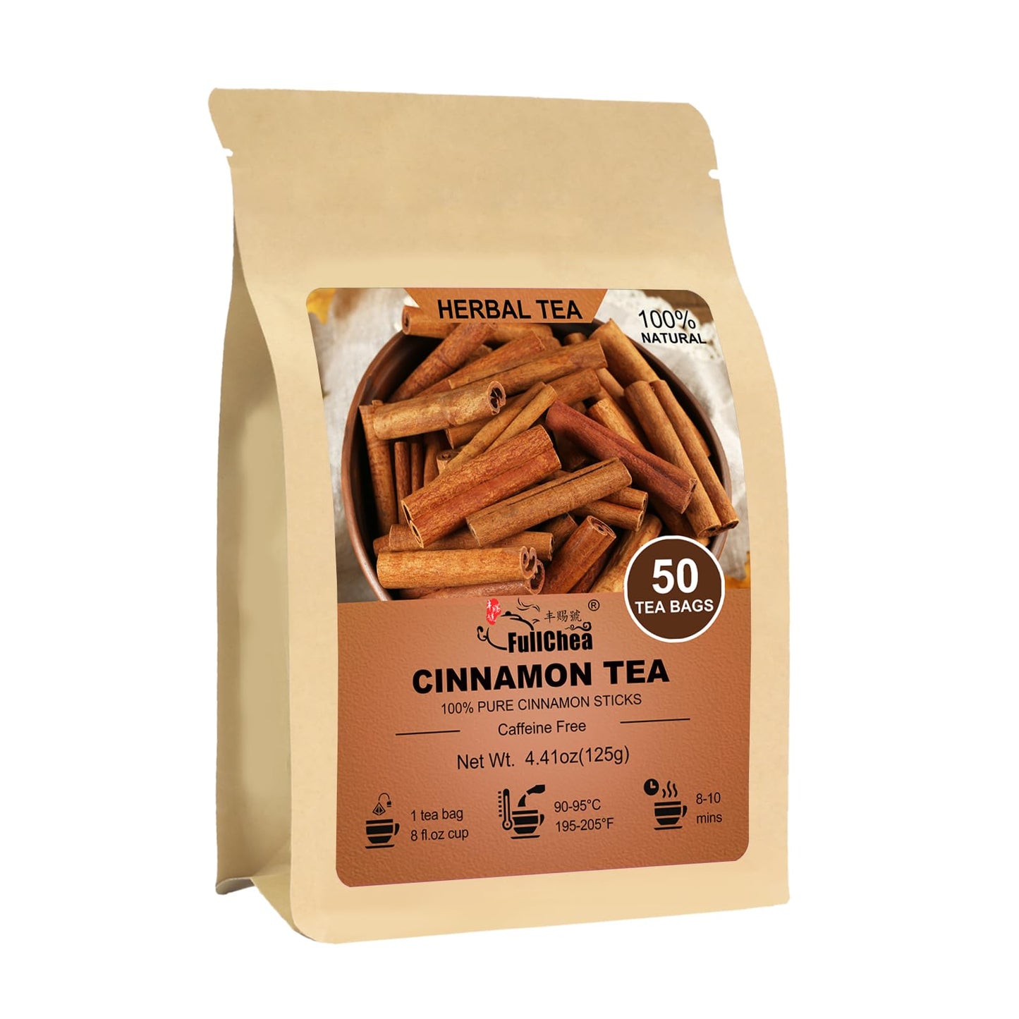 FullChea Cinnamon Tea Bags - Natural Caffeine-Free Tea for Relaxation - 50 Count