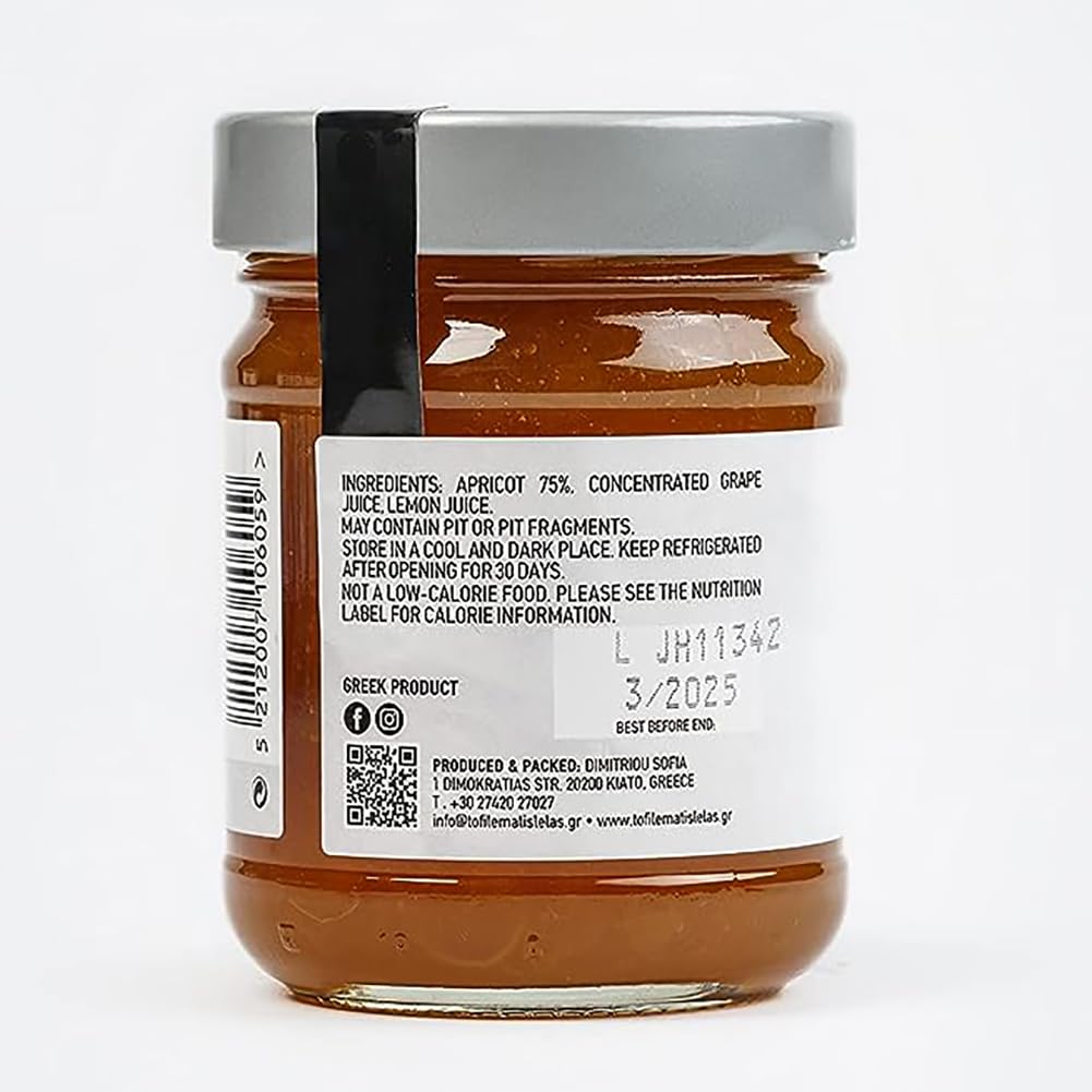 Apricot Jam - 8 Fl. Oz - No Sugar Added Natural Sweetness Taste - Made In Greece, No Preservatives, Gluten Free Apricot Jam - Fr