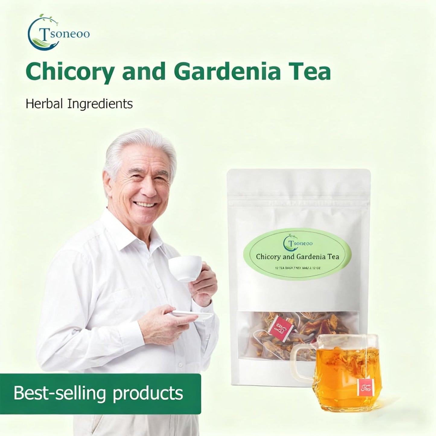 12 Tea Bags Chicory & Gardenia Herbal Tea - Gardenia  Chicory  Honeysuckle  Licorice  Tangerine Peel  Natural Sugar Free Blend  Vegan & Caffeine Free (1pc)