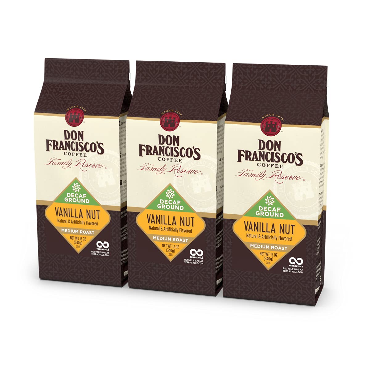 Don Franciscos Decaf Vanilla Nut Flavored Ground Coffee, 100% Arabica, 12 Ounce Bags, Pack of 3