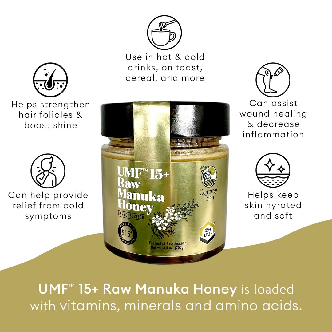 Center Of Paradise Raw Manuka Honey Certified Umf 15+ | Mgo 510+ (250G / 8.8Oz) Glass Jar - Pure & Natural Manuka Honey New Zealand For Daily Immune Support And Wellness - Non Gmo & Unpasteurized