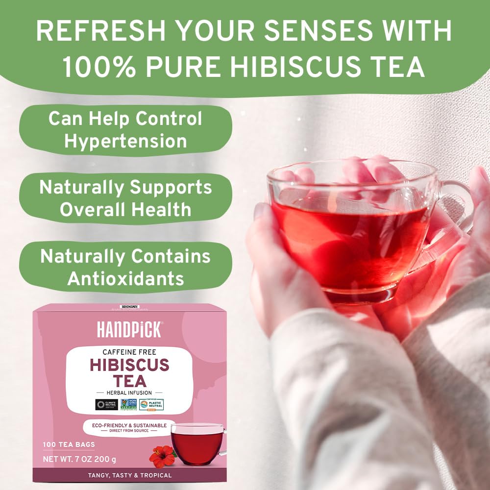 HANDPICK Hibiscus Tea Bags - Non-GMO, Caffeine-Free, Eco-Conscious, 100 Count