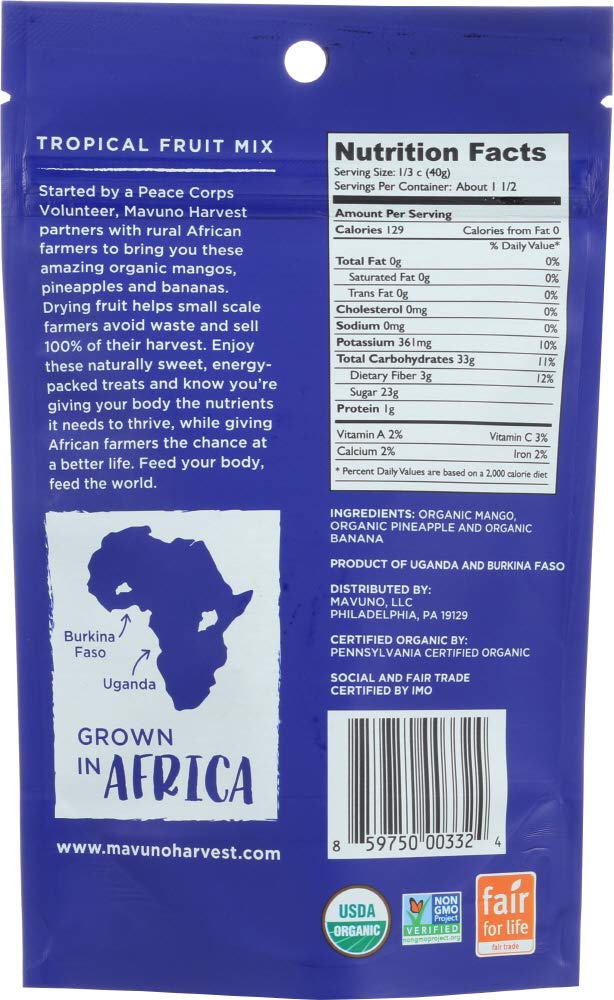 Mavuno Harvest 6 Piece Fair Trade Tropical Mix- Mango, Pineapple And Banana, 2 Ounce