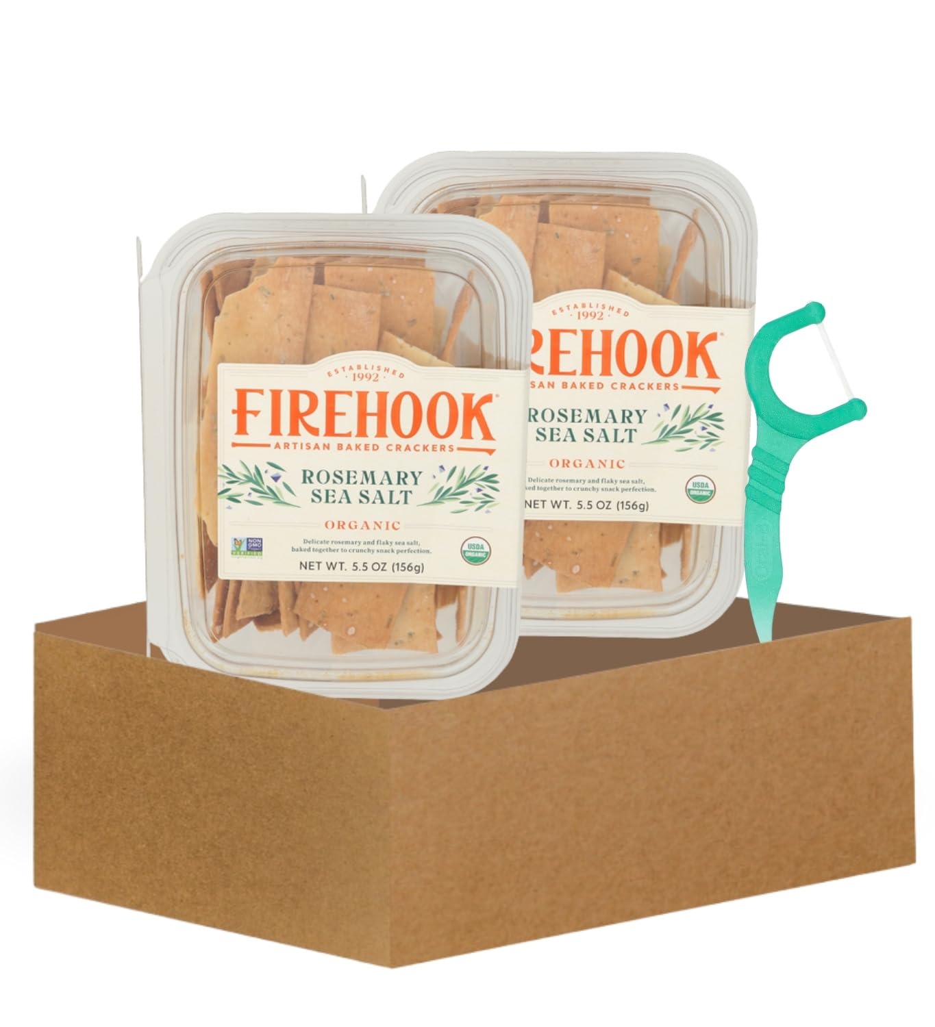 Organic Crackers - 2x Firehook Rosemary Sea Salt-Crackers 5.5 oz Bundle with Dental Floss Picks 40 PC - Herb-Infused Artisan Cra