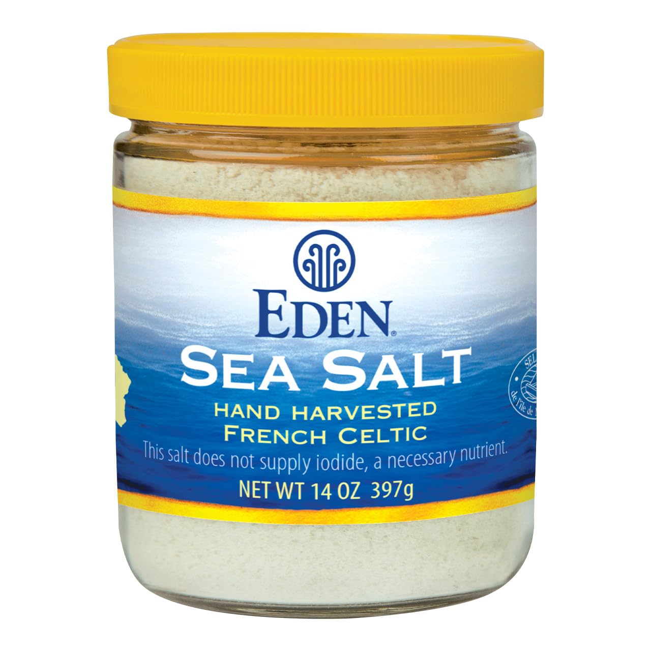 Eden Sea Salt, Hand Harvested French Celtic, Stone Ground (Fine), 82 Trace Minerals, Unrefined, Glass Jar, 14 oz