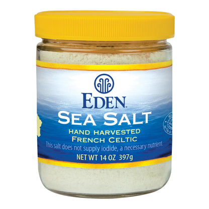 Eden Sea Salt, Hand Harvested French Celtic, Stone Ground (Fine), 82 Trace Minerals, Unrefined, Glass Jar, 14 oz