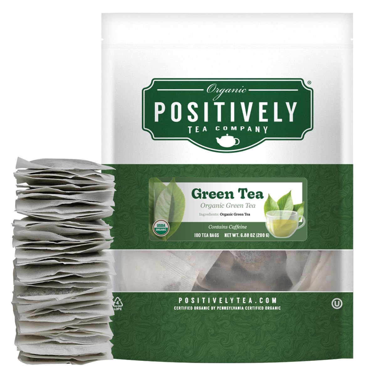 Organic Positively Tea Company Green Tea Bags, Eco-Friendly, Non-GMO, 100 Count