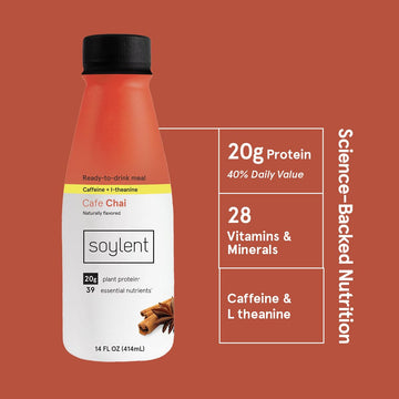 Soylent Complete Nutrition Meal Replacement Shake, Vegan, Gluten-Free, Cafe Chai, 14 Fl Oz, Pack of 12