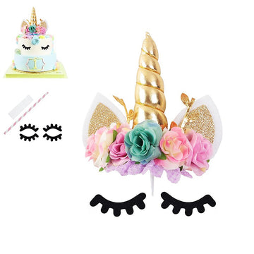 Nishine Rose Floral Unicorn Cake Topper Birthday Party Cake Decoration (Gold&Mint)
