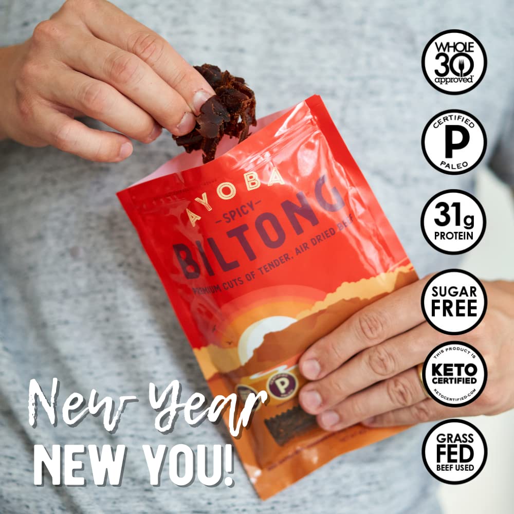 Ayoba Spicy Grass Fed Beef Biltong Slices (2 Ounce, Pack Of 3) - Keto Friendly Air-Dried Grass Fed Beef Paleo Snacks - Gluten Fr