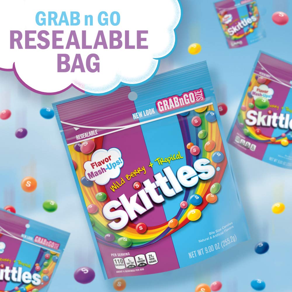 SKITTLES Wild Berry & Tropical Mash Up Chewy Candy Bulk, 9 Oz Resealable Bags, 8 Count Bags, Bulk Box