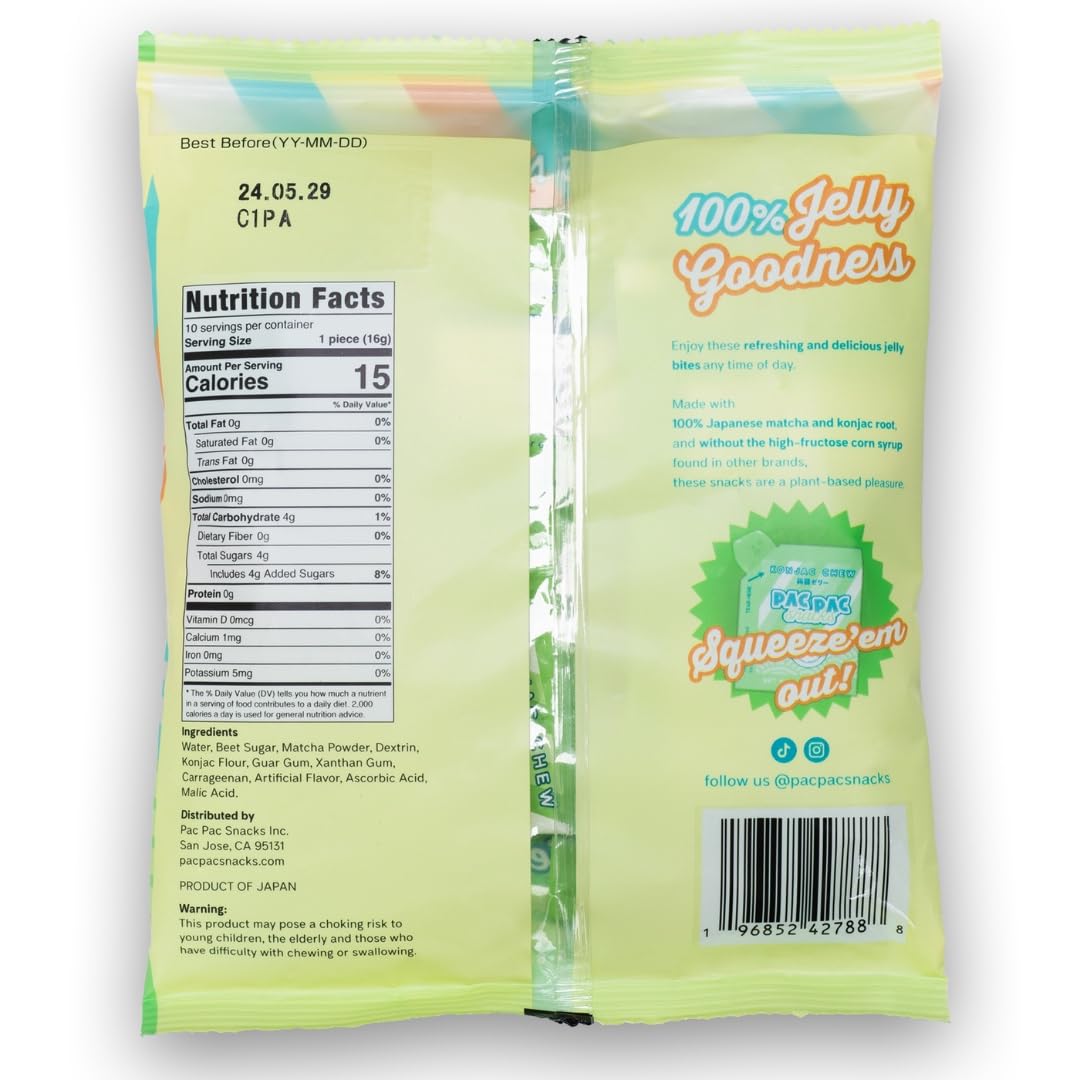 Pac Pac Snacks Matcha Konjac Chews | Vegan, Gluten-Free, Low-Calorie | 1 Pack | Green Tea Snack