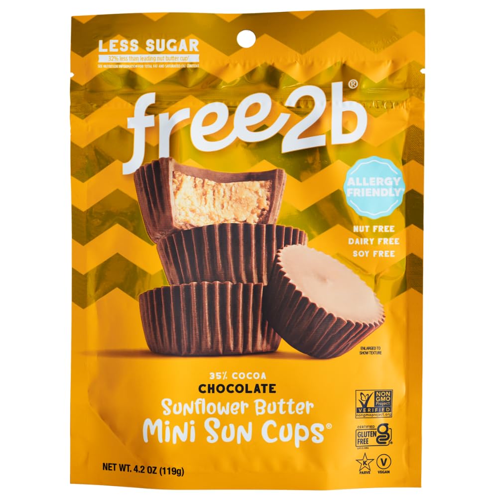 Free2B Sunflower Butter Mini Sun Cups, Safe For School And Allergy Friendly - Gluten-Free, Dairy-Free, Nut-Free, And Soy-Free - Chocolate, 4.2 Oz Resealable Bag (Pack Of 6)