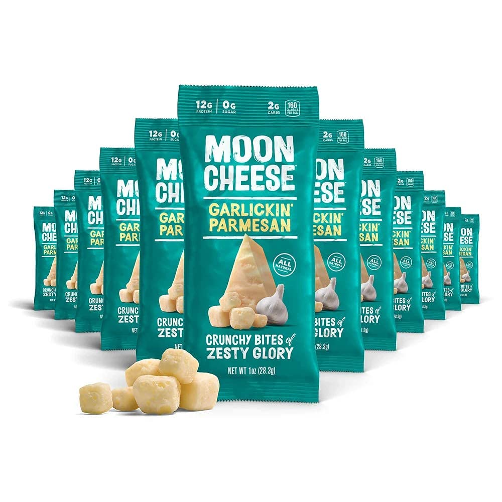 Moon Cheese Garlickin  Parmesan Cheese Bites, 1 Ounce, 12-Pack, Crunchy, Protein Rich Cheese Snack, 100% Real Cheese