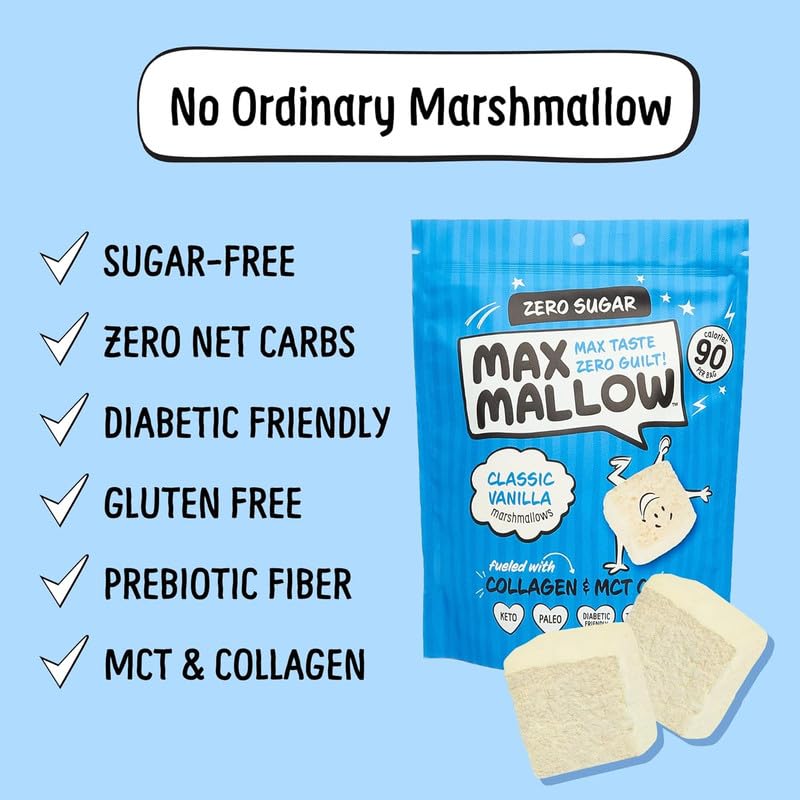 Know Brainer Max Mallow Classic Vanilla - Guilt-Free & Zero Sugar Marshmallows - Low Carb, Zero Fat, Gluten-Free & Ketogenic - M
