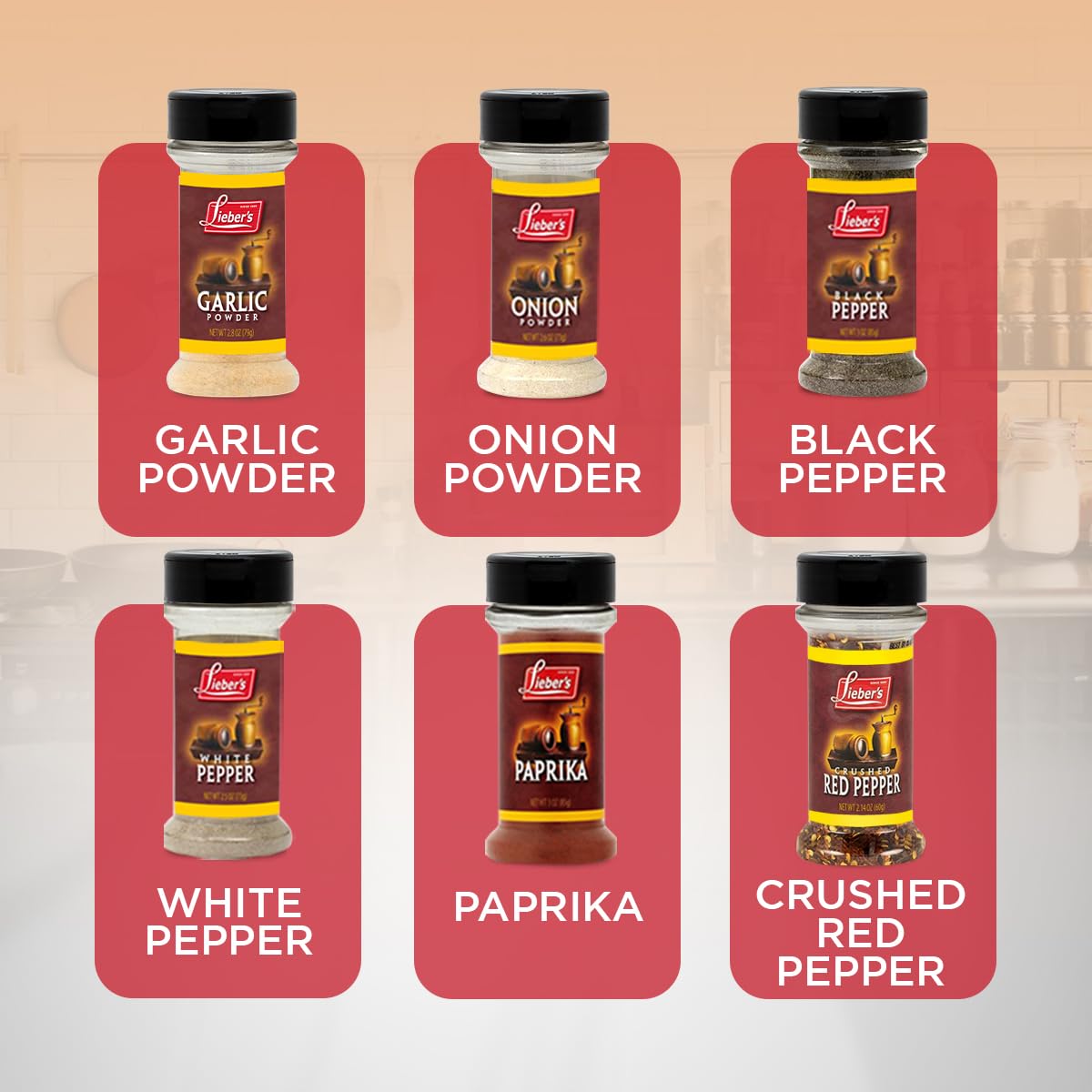 Lieber'S Spice Set, Complete New Home Starter Seasoning Kit, 6 Piece Spices Gift Set Featuring Garlic Powder, Onion Powder, Blac