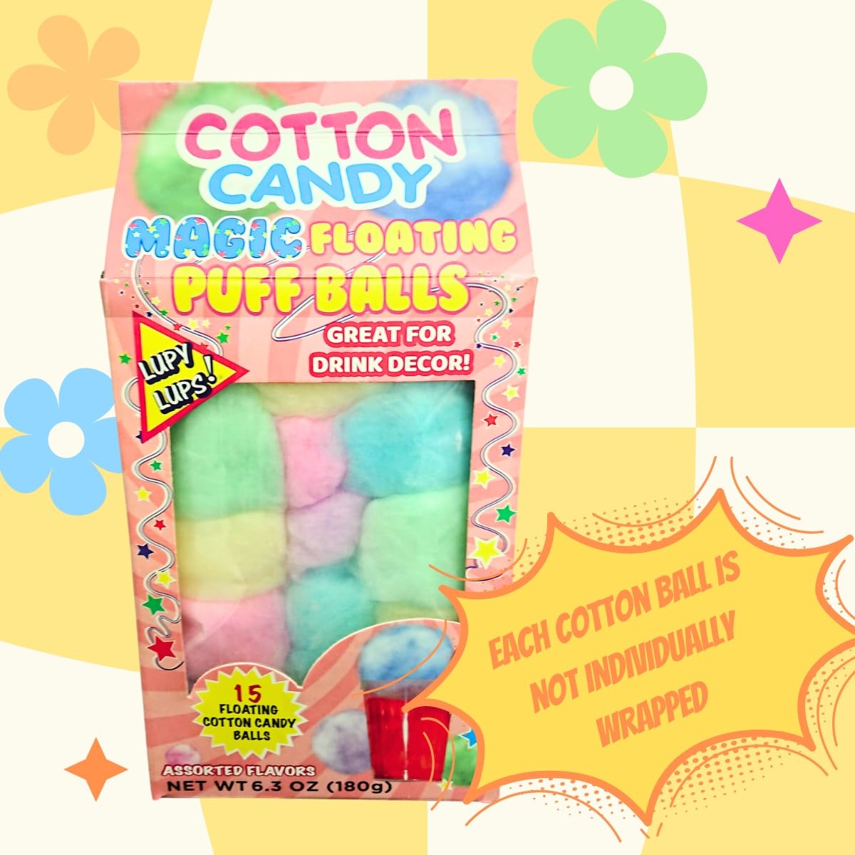 Lupy Lups! Magic Floating Cotton Candy -It Floats! 6.3 Oz 15 Balls-Assorted Flavors- Pastel Candy For Stocking, Treats, Party Fa
