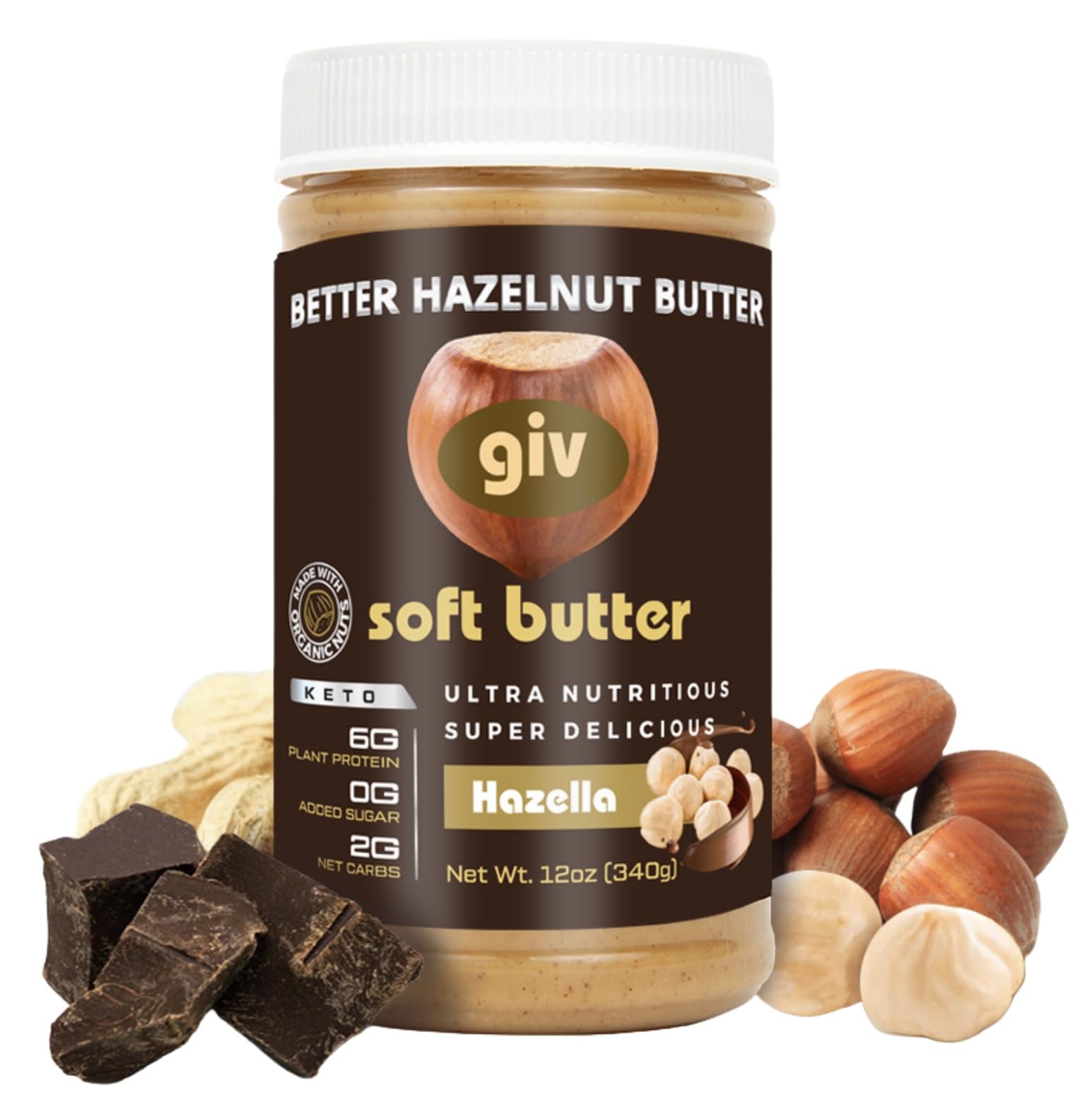 Organic Decadent Hazelnut Butter Spread With Cacao - All Natural, No Added Sugar, Monk Fruit Sweetener, Mct Oil, No Palm Oil- Lo
