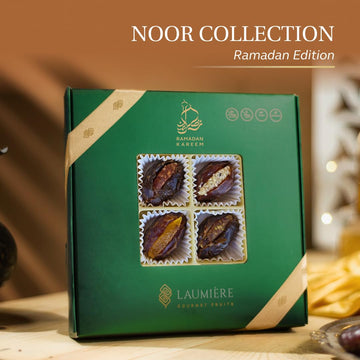 Laumiere Gourmet Fruits - Noor Collection [Ramadan Edition] - Square (16 Pcs) - Halal Dried Fruits And Nuts Basket - Medjool Dat