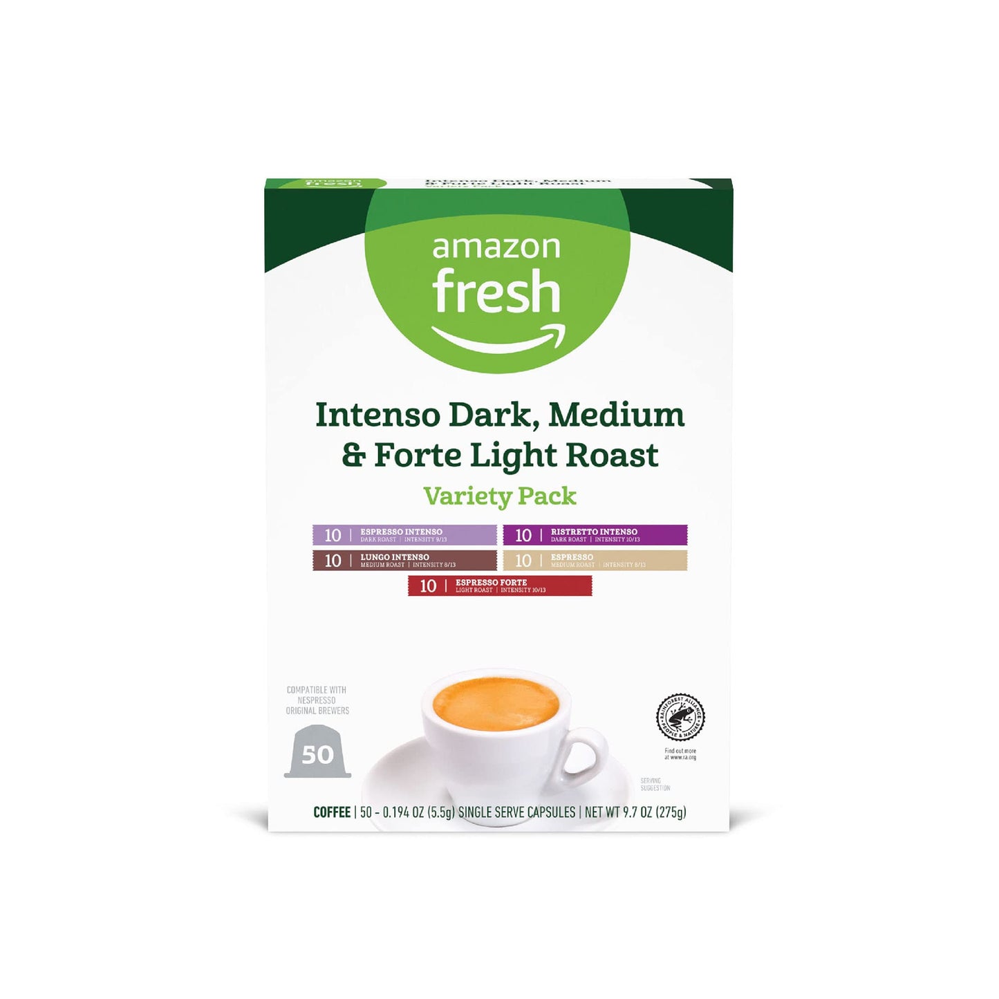 Amazon Fresh Intenso Dark & Forte Light Roast Variety Pack, Compatible with Nespresso, 50 Aluminum Capsules (10 Count per Pack)