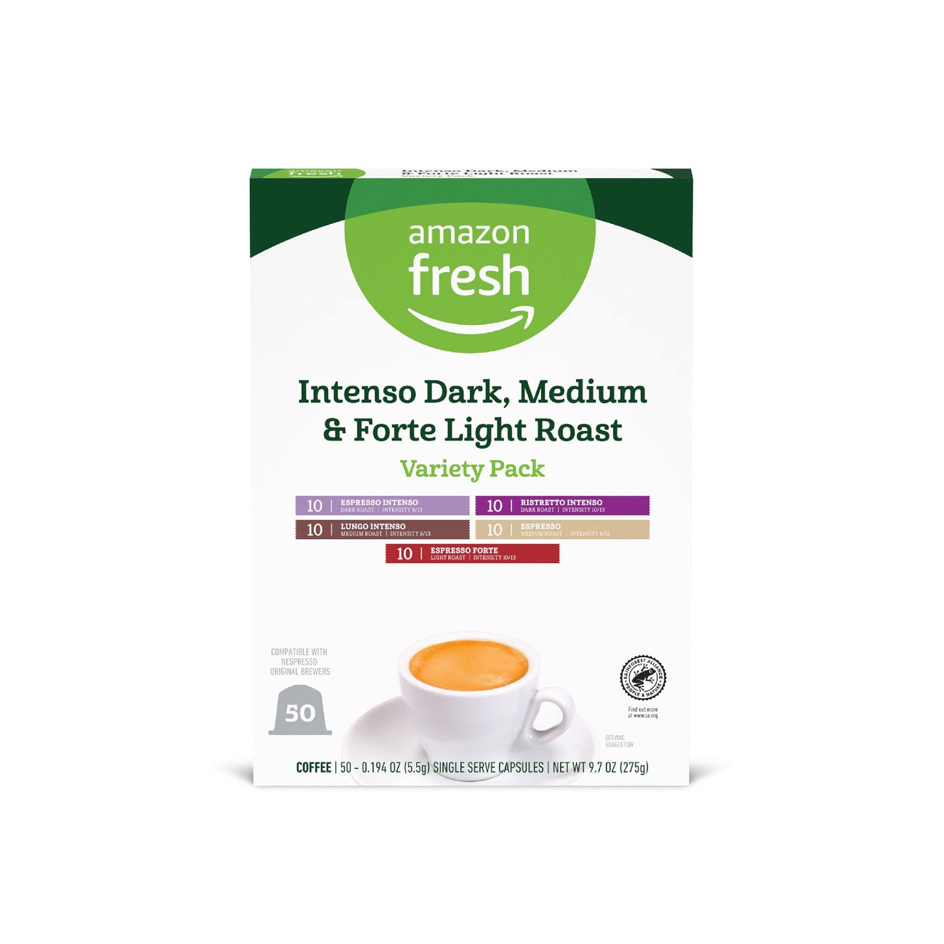 Amazon Fresh Intenso Dark & Forte Light Roast Variety Pack, Compatible with Nespresso, 50 Aluminum Capsules (10 Count per Pack)