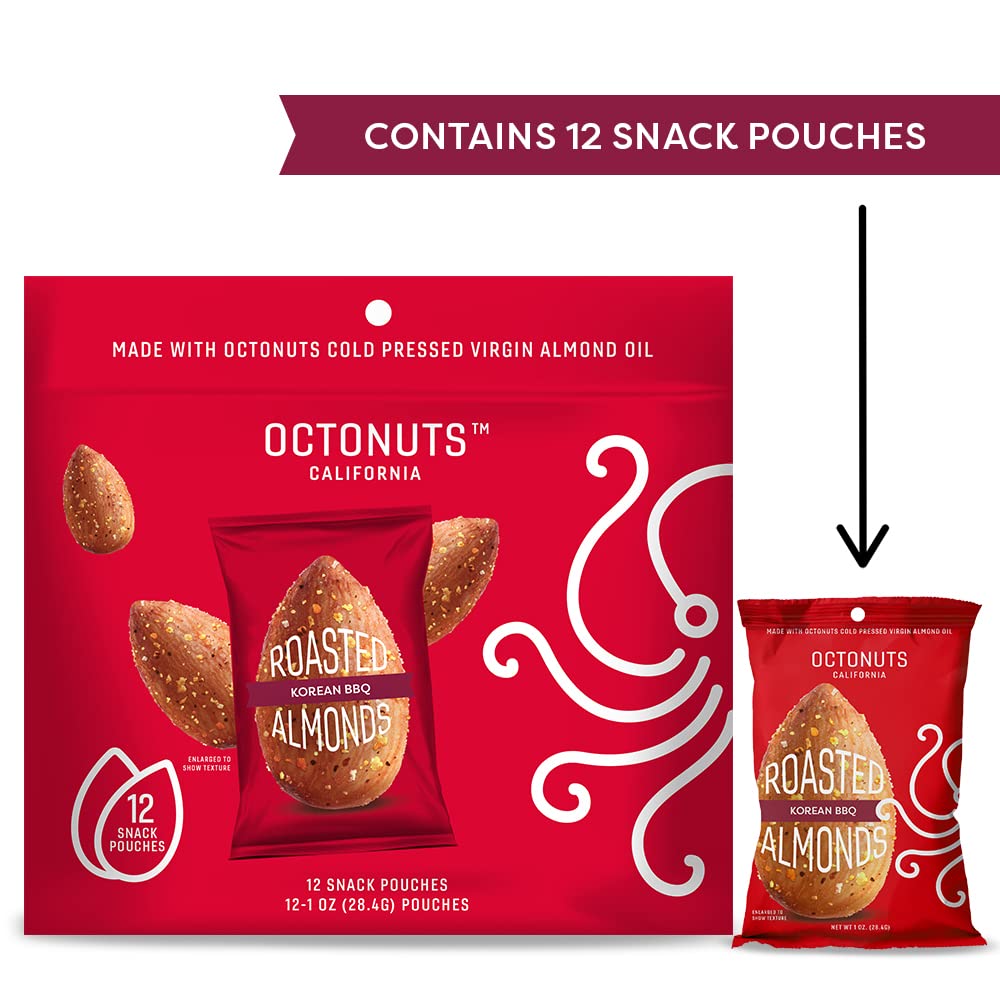 Octonuts Korean BBQ Almonds - 12 Individually Wrapped Snack Packs (1oz Each), Healthy Snacks for Adults and Kids, Non-GMO, Keto