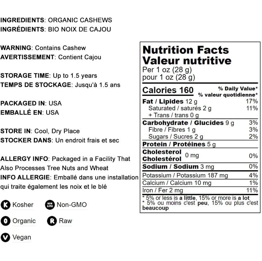 Food To Live Organic Raw Cashews, 4 Pounds – Non-Gmo, Whole, Large, Premium Fancy Nuts, Unsalted, Unroasted, Kosher, Vegan, Bulk, Low Sodium. Good Source Of Protein, Copper, Zinc, Selenium, & Thiamin