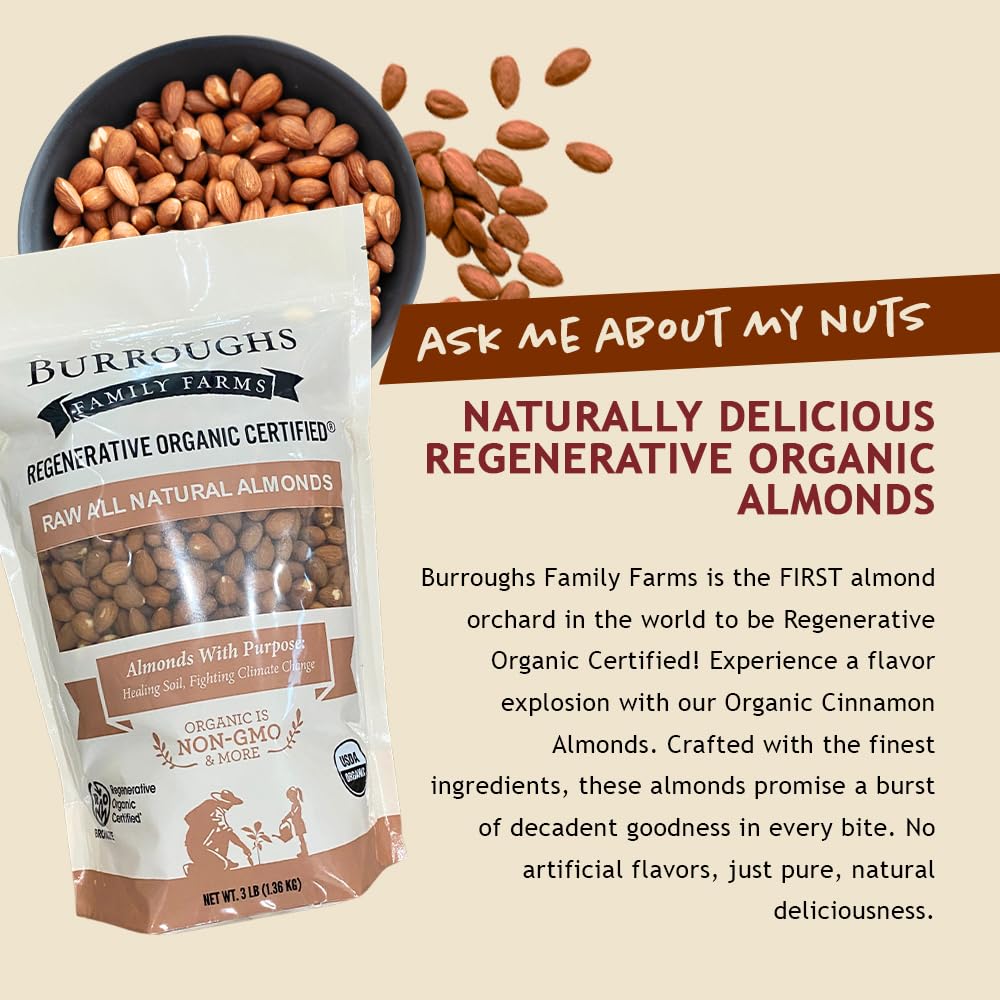 Burroughs Family Farms Organic Raw Almonds, 3 lb - Gluten-Free, Non-GMO, Vegan, Keto-Friendly, High Protein Nuts for Almond Milk